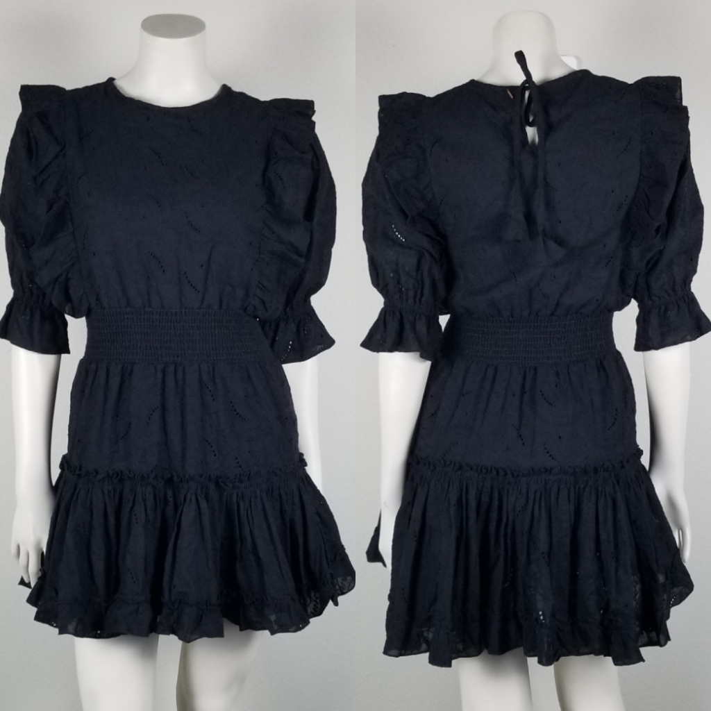 Misa Los Angeles Doutzen Black Eyelet Broderie Smocked Mini Dress Size Xs Nwot